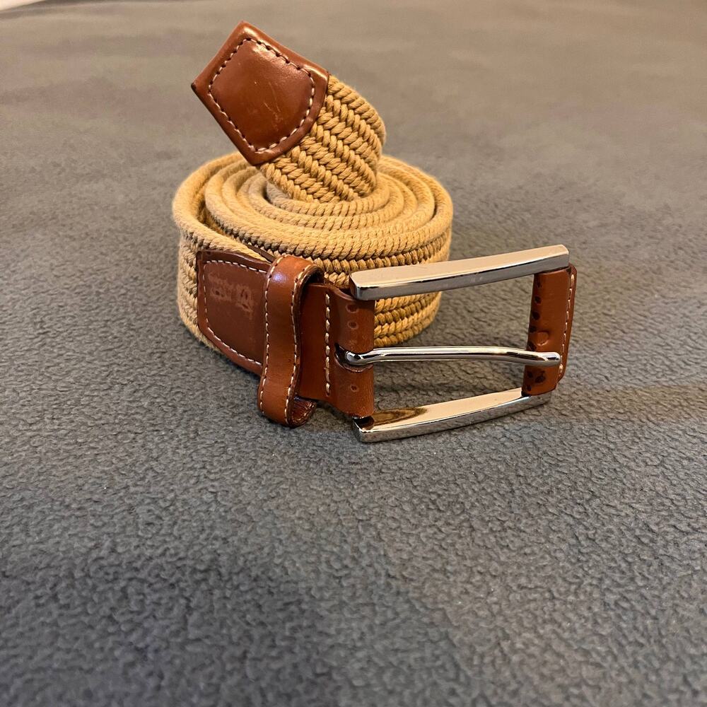 Torino Belt Mens  40-42 Tan Beige Leather Woven Braided Preppy Quiet Luxury USA